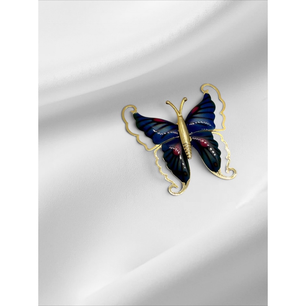 Vintage Gold Tone Blue Enamel Butterfly Brooch Pin Whimsical Nature Jewelry - Picture 9 of 9